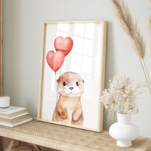 Impresión de nutria bebé, impresión de nutria, decoración de pared para habitación infantil, impresión artística para habitación infantil de niñas, animal marino náutico, globo rojo, póster imprimible