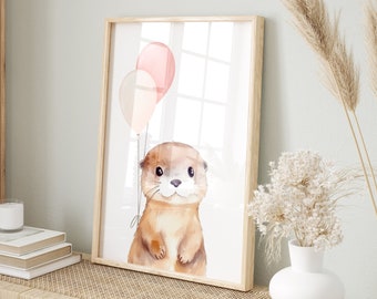 Baby Otter Print, Pink Balloons, Nursery Wall Decor (Digital Download)
