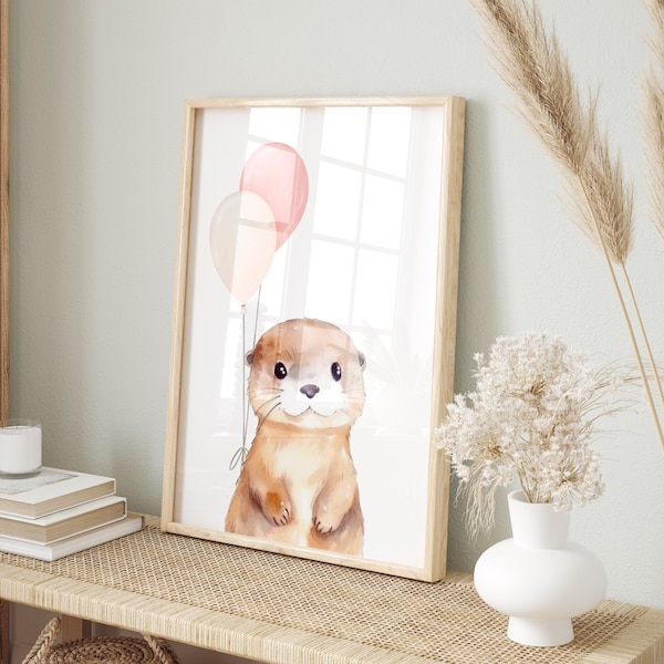 Lámina de nutria bebé con globos rosas, decoración de pared para habitación infantil (descarga digital)