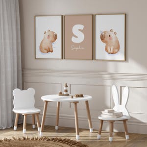 Personalized Capybara Nursery Wall Art Set of 3, Custom Name Print, Neutral Baby Room Decor, Savanna Baby Animals, Newborn Gift, Printable