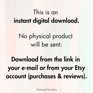 Op de afbeelding: Een aankondiging voor een digitale download tegen een zachte, pastelkleurige achtergrond. De tekst luidt: "Dit is een directe digitale download. Er wordt geen fysiek product verzonden." Het adviseert om te downloaden via e-mail of Etsy-account.