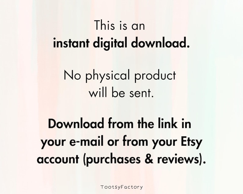 Op de afbeelding: Een aankondiging voor een digitale download tegen een zachte, pastelkleurige achtergrond. De tekst luidt: "Dit is een directe digitale download. Er wordt geen fysiek product verzonden." Het adviseert om te downloaden via e-mail of Etsy-account.