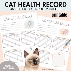Registro de salud de gatos, registro de vacunas imprimible, registro de vacunación de gatitos y gatos, plantilla para dueños de gatos, descarga instantánea