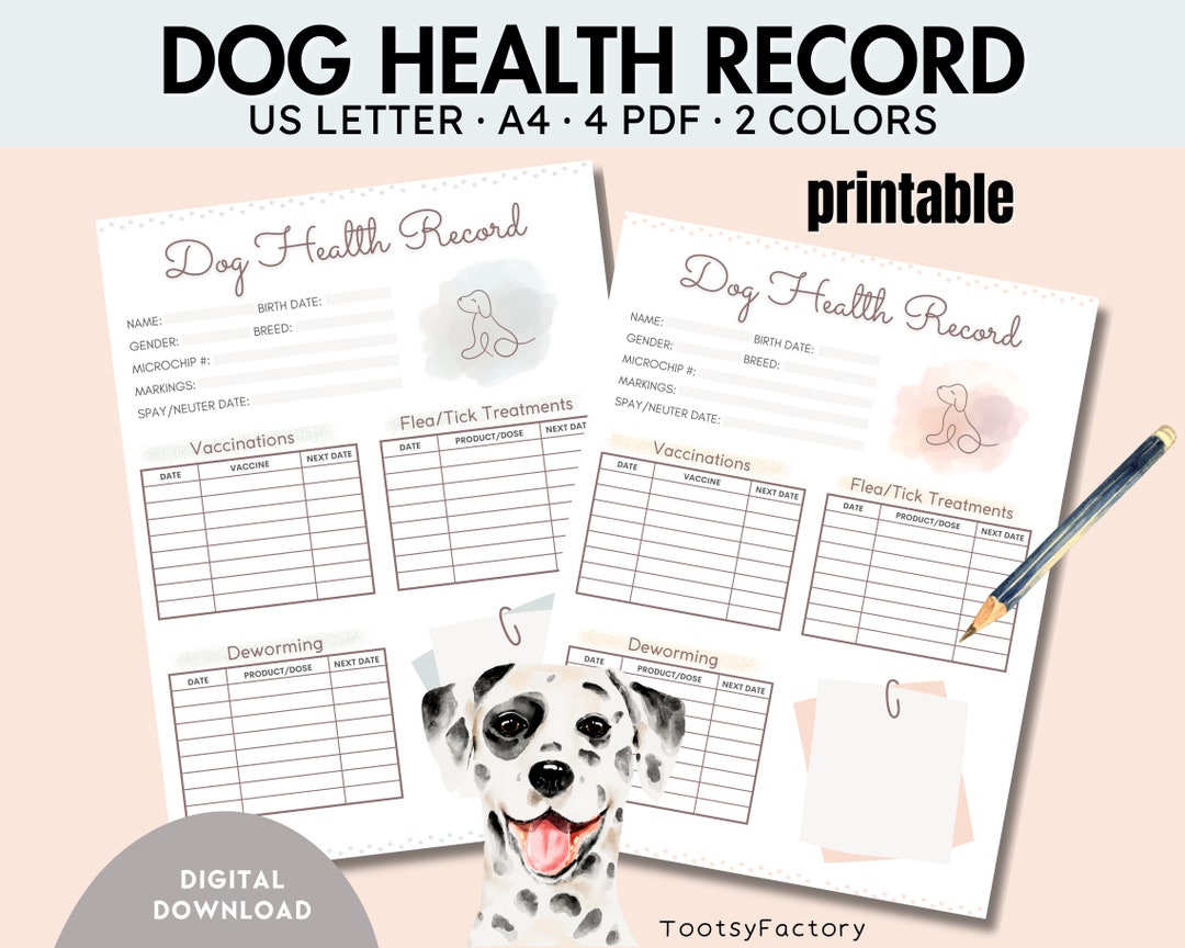 Dog Health Record, Printable Dog Shot Record, Puppy and Dog Vaccination ...
