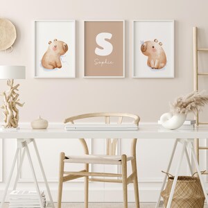 Personalized Capybara Nursery Wall Art Set of 3, Custom Name Print, Neutral Baby Room Decor, Savanna Baby Animals, Newborn Gift, Printable