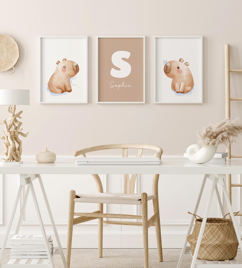 Personalized Capybara Nursery Wall Art Set of 3, Custom Name Print, Neutral Baby Room Decor, Savanna Baby Animals, Newborn Gift, Printable
