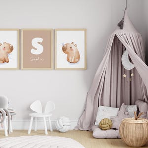 Personalized Capybara Nursery Wall Art Set of 3, Custom Name Print, Neutral Baby Room Decor, Savanna Baby Animals, Newborn Gift, Printable