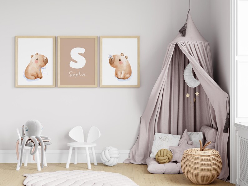 Personalized Capybara Nursery Wall Art Set of 3, Custom Name Print, Neutral Baby Room Decor, Savanna Baby Animals, Newborn Gift, Printable