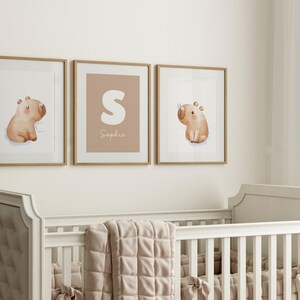 Personalized Capybara Nursery Wall Art Set of 3, Custom Name Print, Neutral Baby Room Decor, Savanna Baby Animals, Newborn Gift, Printable