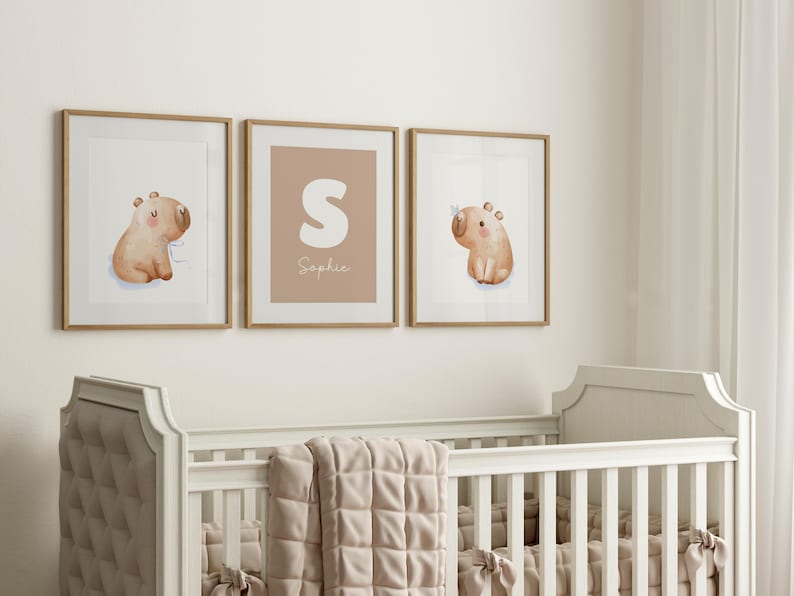 Personalized Capybara Nursery Wall Art Set of 3, Custom Name Print, Neutral Baby Room Decor, Savanna Baby Animals, Newborn Gift, Printable
