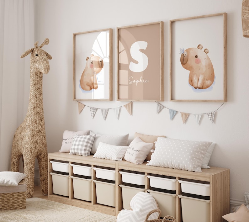 Personalized Capybara Nursery Wall Art Set of 3, Custom Name Print, Neutral Baby Room Decor, Savanna Baby Animals, Newborn Gift, Printable