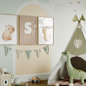 Personalized Capybara Nursery Wall Art Set of 3, Custom Name Print, Neutral Baby Room Decor, Savanna Baby Animals, Newborn Gift, Printable