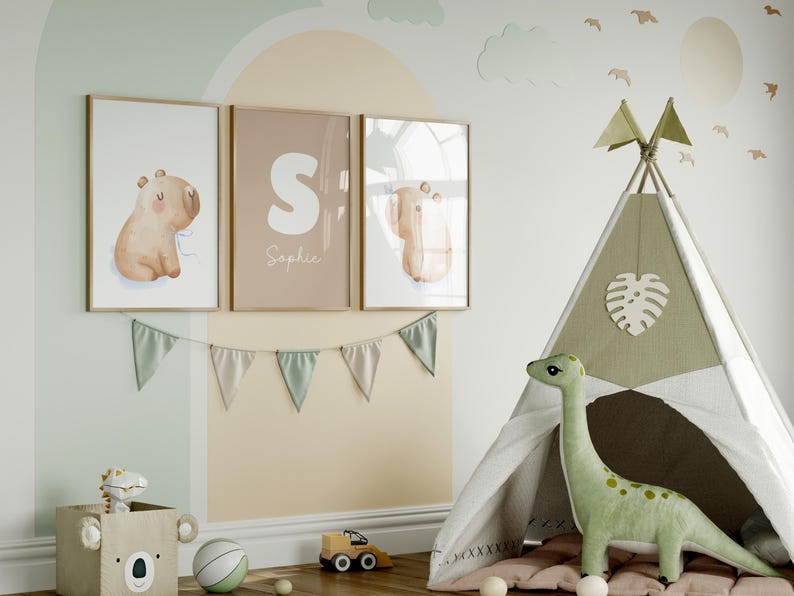 Personalized Capybara Nursery Wall Art Set of 3, Custom Name Print, Neutral Baby Room Decor, Savanna Baby Animals, Newborn Gift, Printable