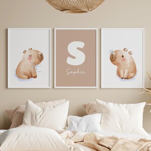 Personalized Capybara Nursery Wall Art Set of 3, Custom Name Print, Neutral Baby Room Decor, Savanna Baby Animals, Newborn Gift, Printable