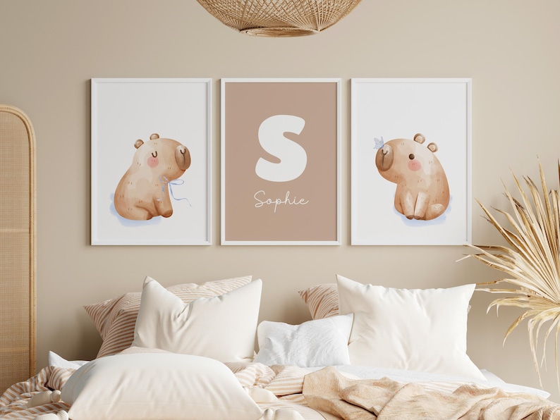 Personalized Capybara Nursery Wall Art Set of 3, Custom Name Print, Neutral Baby Room Decor, Savanna Baby Animals, Newborn Gift, Printable