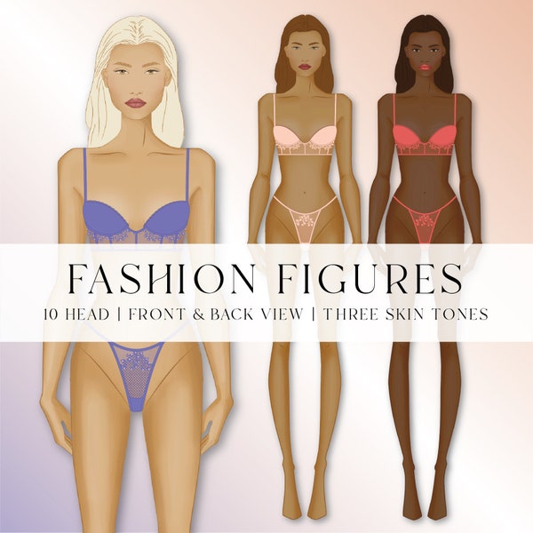 Female fashion croquis figure templates, front & back view, three skin tones, front and back view