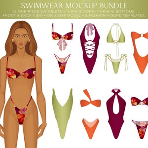 Könnte beinhalten: Digitale Illustration einer Frau in einem Badeanzug mit floralem Muster, mit verschiedenen Badebekleidungsdesigns. Der Text lautet: SWIMWEAR MOCKUP BUNDLE, 15 ONE-PIECE SWIMSUITS, 15 BIKINI TOPS, 15 BIKINI BOTTOMS, FRONT & BACK VIEW, ON & OFF MODEL, 3 FASHION FIGURE TEMPLATES.