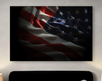 Textured American Flag Wall Art, Stars and Stripes Close Up Photo Print, Solemn Patriotic Decor, Ready to Hang
