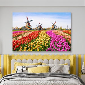 Tulip and Windmills Field Keukenhof Park Dutch Countryside Canvas Print Wall Art Canvas Ready to hang