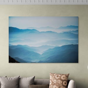 Blue Mountain Landscape Print, Misty Mountain Art, Scenic Nature Wall Decor, Ready to Hang