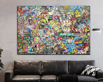 Street Symphony: Music Graffiti Art | City Groove - Musical Wall Mural | Urban Beat Detailed Graffiti | Wall Art | Canvas | Ready to hang