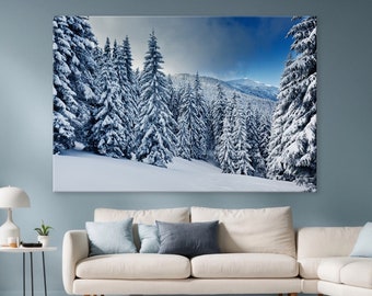 Alpine Mountain Landscape with White Snow and Snow-covered Fir Trees Canvas Print Wall Art Canvas Ready to hang