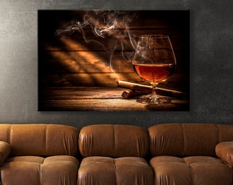 Whiskey and Cigar Brandy Glass Man Cave Decor Bourbon Bar Glass Canvas Print Wall Art Canvas Ready to hang