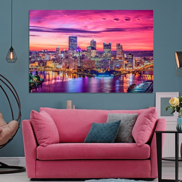 Pittsburgh Skyline at Sunset Pittsburgh Skyscrapers Pennsylvania Panoramic Canvas Print Wall Art Canvas Ready to hang