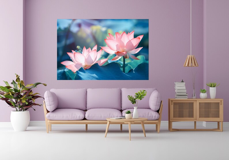 Lotus Flower Wall Art Pink Lotus on Blue Floral Wall Art Canvas Print