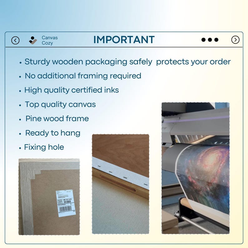 The image is a collage of three images: a close-up of a wooden frame, a close-up of a high-quality certified ink, and a close-up of a high-quality canvas. The text in the image highlights the importance of sturdy wooden packaging, high-quality certified inks, and a high-quality canvas, as these factors contribute to the overall quality and durability of the artwork.