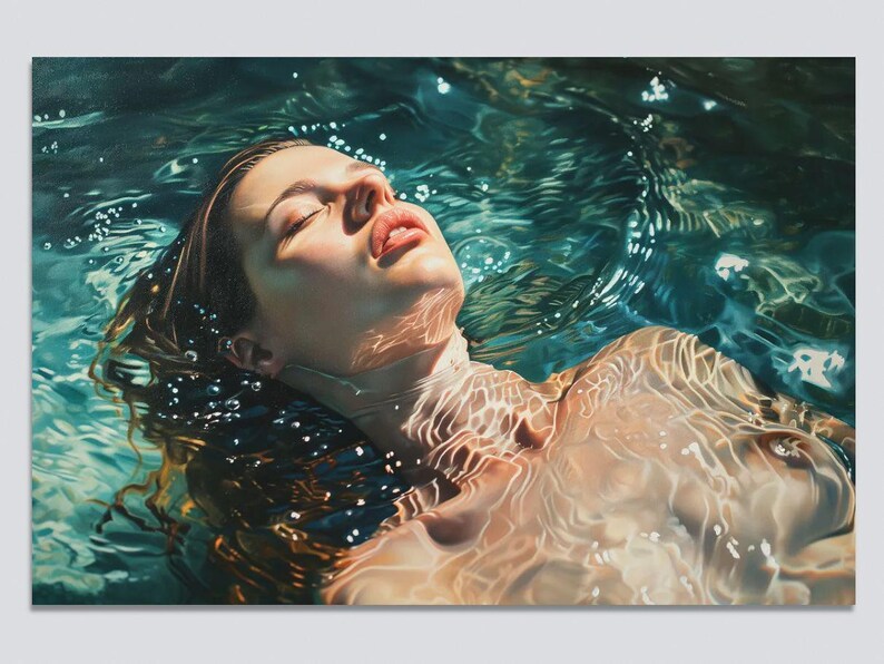 Impresión artística de mujer en el agua, decoración de pared con serenidad oceánica, relajación, lista para colgar imagen 7