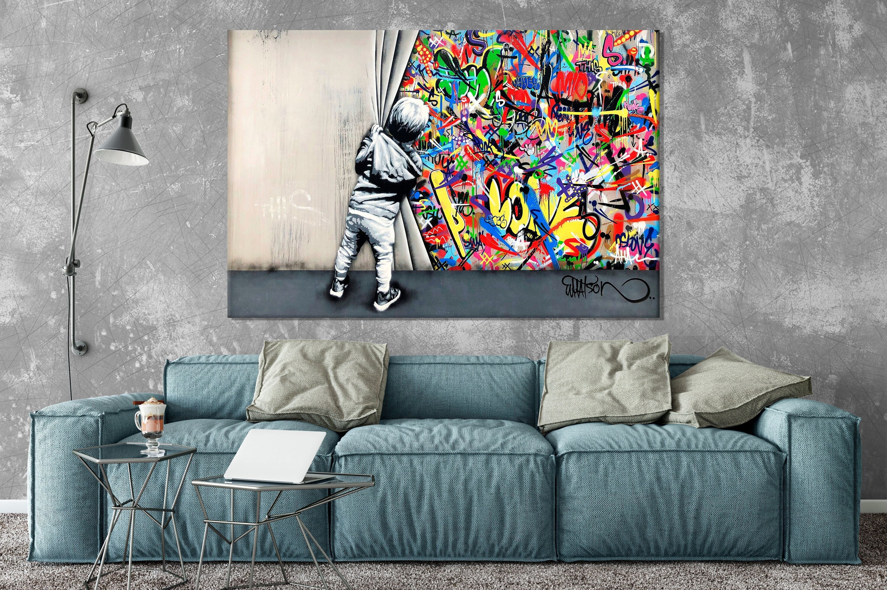 Tableau Street Art 'Boy Behind Curtain' - Peinture à L'huile Sur Toile 200x100cm - Œuvre Unique Signée