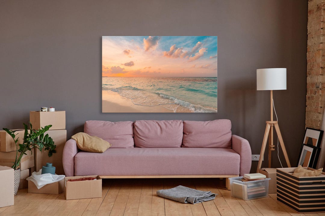 Calm Sea Sunset Beach Canvas Wall Art With Inspirational Sky and Clouds ...