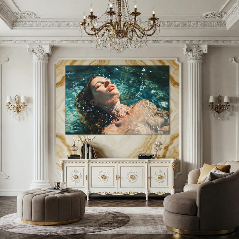 Impresión artística de mujer en el agua, decoración de pared con serenidad oceánica, relajación, lista para colgar imagen 2
