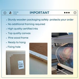 The image is a collage of three images: a close-up of a wooden frame, a close-up of a high-quality certified ink, and a close-up of a high-quality canvas. The text in the image highlights the importance of sturdy wooden packaging, high-quality certified inks, and a high-quality canvas, as these factors contribute to the overall quality and durability of the artwork.