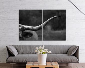 Impresión en lienzo de un toro Longhorn de Texas: arte ranchero en blanco y negro
