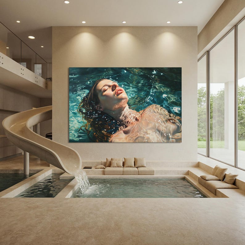 Impresión artística de mujer en el agua, decoración de pared con serenidad oceánica, relajación, lista para colgar imagen 3