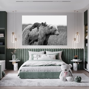 Baby Bear and Mom Bear Family Black & White Decor Canvas Print Wall Art Canvas Ready to hang