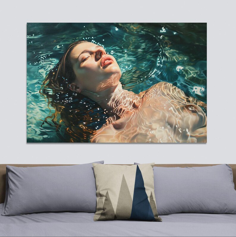 Impresión artística de mujer en el agua, decoración de pared con serenidad oceánica, relajación, lista para colgar imagen 6