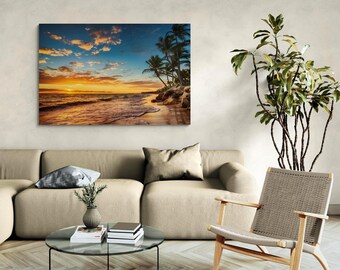 Impresión en lienzo de Sunset Palm Beach: arte mural de verano tropical