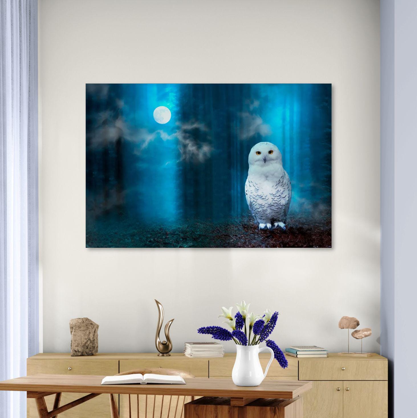 Snowy Owl Under Moon, Blue Night Scene, Wildlife Art, Ready to Hang