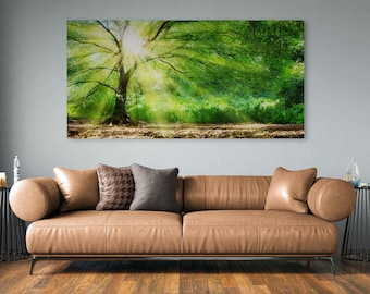 Sunlit Oak Tree Canvas Print — Enchanted Green Forest Wall Art, Ready to Hang