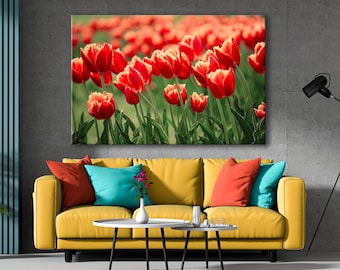 Vibrant Red Tulips Canvas Print — Spring Flower Field Wall Art, Ready to Hang