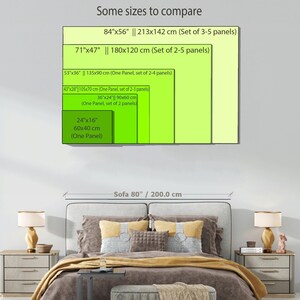 a bedroom with a bed, nightstands, and lamps. Above the bed, there is a large wall-mounted display that provides size comparisons for different panel sizes, including one panel set of 3-5 panels and one panel set of 2-4 panels.