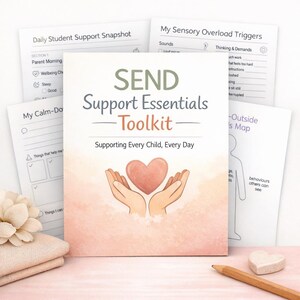 May include: A collection of printed materials, including a booklet titled "SEND Support Essentials Toolkit" with a heart graphic and the text "Supporting Every Child, Every Day." Additional sheets include "Daily Student Support Snapshot" and "My Sensory Overload Triggers."