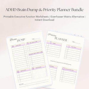 May include: Two digital planners with the text "ADHD Brain Dump & Priority Planner Bundle". The left planner is labeled "Brain DUMP" and the right planner is labeled "Priority PLANNER". The planners have a white background with purple and pink accents.