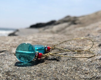 Long turquoise glass drop dangling earrings