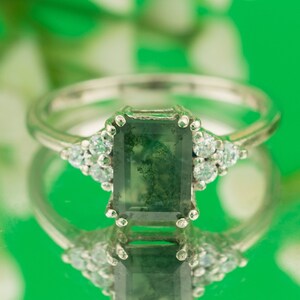 Moss Agate Ring Engagement Ring Emerald Cut Moss Agate Ring Unique Women Bridal Promise Ring Wedding Ring Aquatic Anniversary Ring for Women