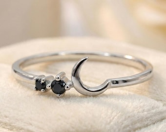 Dainty Black Onyx Half Moon Ring, Sterling Silver Celestial Promise Ring, 14K Gold Minimalist Healing Ring, Stackable Ring, Anniversary Gift