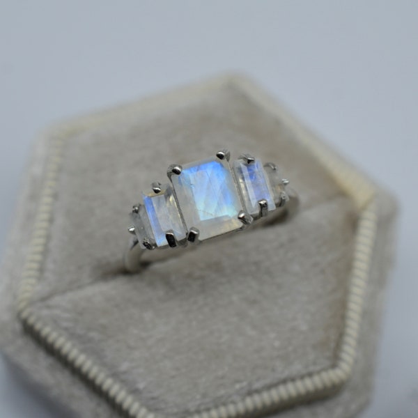 Natural Moonstone Ring-Emerald Cut Moonstone Ring-Wedding Ring-Engagement Ring-Statement Ring-Sterling Silver Ring-14K Solid Gold Ring